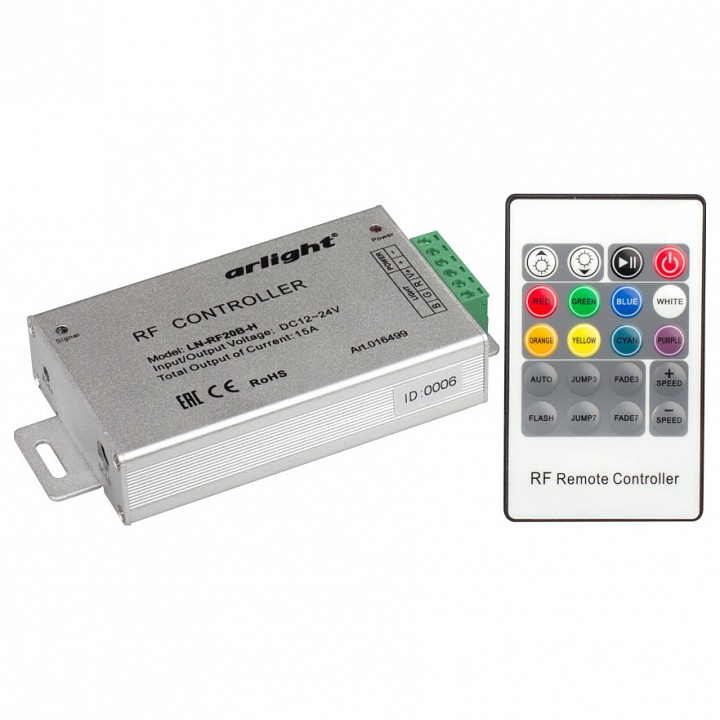 Контроллер-регулятор цвета RGB с пультом ДУ Arlight LN-RF20 LN-RF20B-H (12-24V,180-360W, ПДУ 20кн)